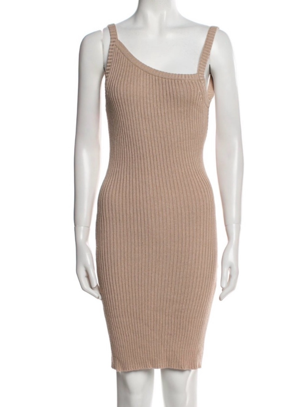 Backless Ribbed One-Shoulder Bodycon Dress - Beige
